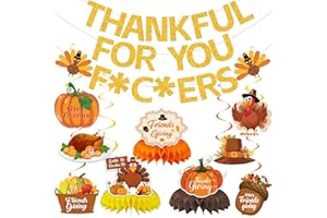 NUTTYBASH Thankful for You Banner Thanksgiving Party Decorations Include Gold Funny Banner Hanging Swirls and Honeycomb Centerpiece for Fall Friendsgiving Thanksgiving Party Supplies