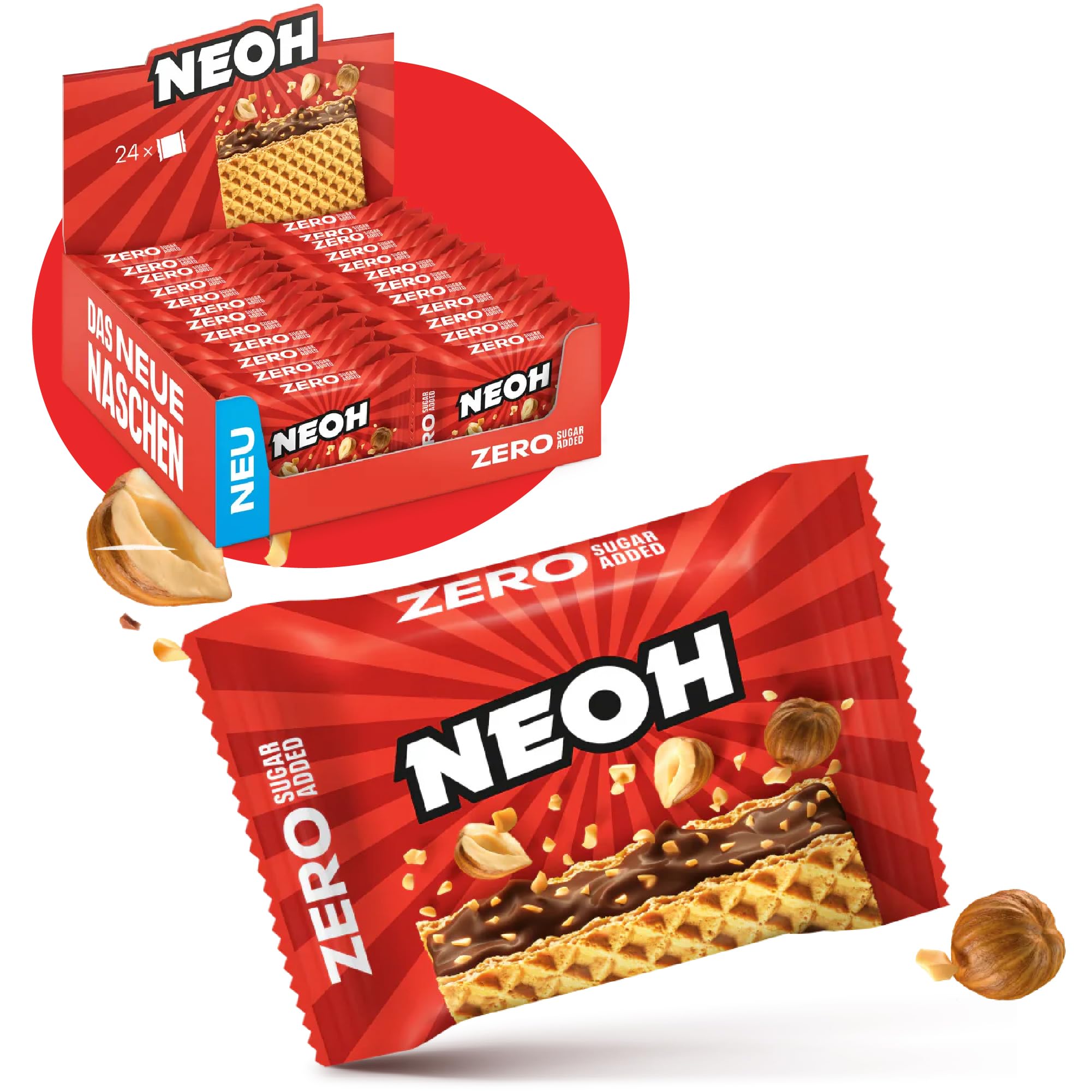 NEOH Low Carb Waffeln Haselnuss Schokolade - 1 g Zucker / 95 kcal - Ohne Zuckerzusatz - 21 g (24er Pack) - Hazelnut