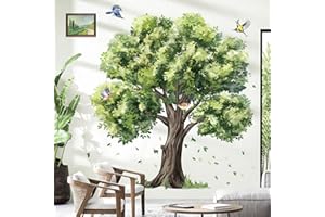 decalmile Large Green Tree Wall Decals Plant Leaves Bird Wall Stickers Bedroom Living Room Sofa TV Background Home Decor
