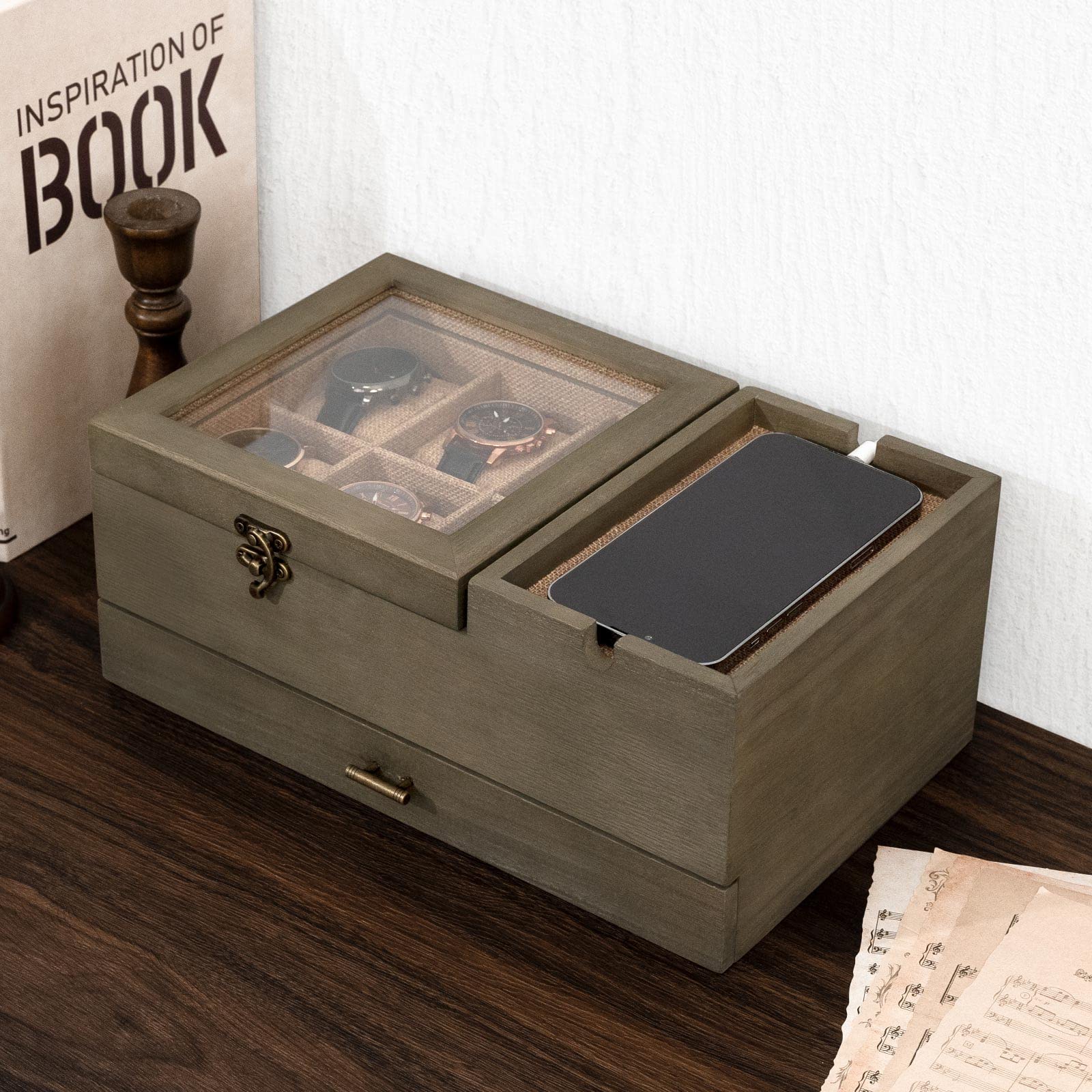 Pinzoveco Watch Box Organizer for Men, 6 Slot Mens Jewelry Box Display & Storage Watch, Solid Wood Watch Case for Men, Gift for Boyfriend Fathers Day Birthday Gifts (Weathered Gray)