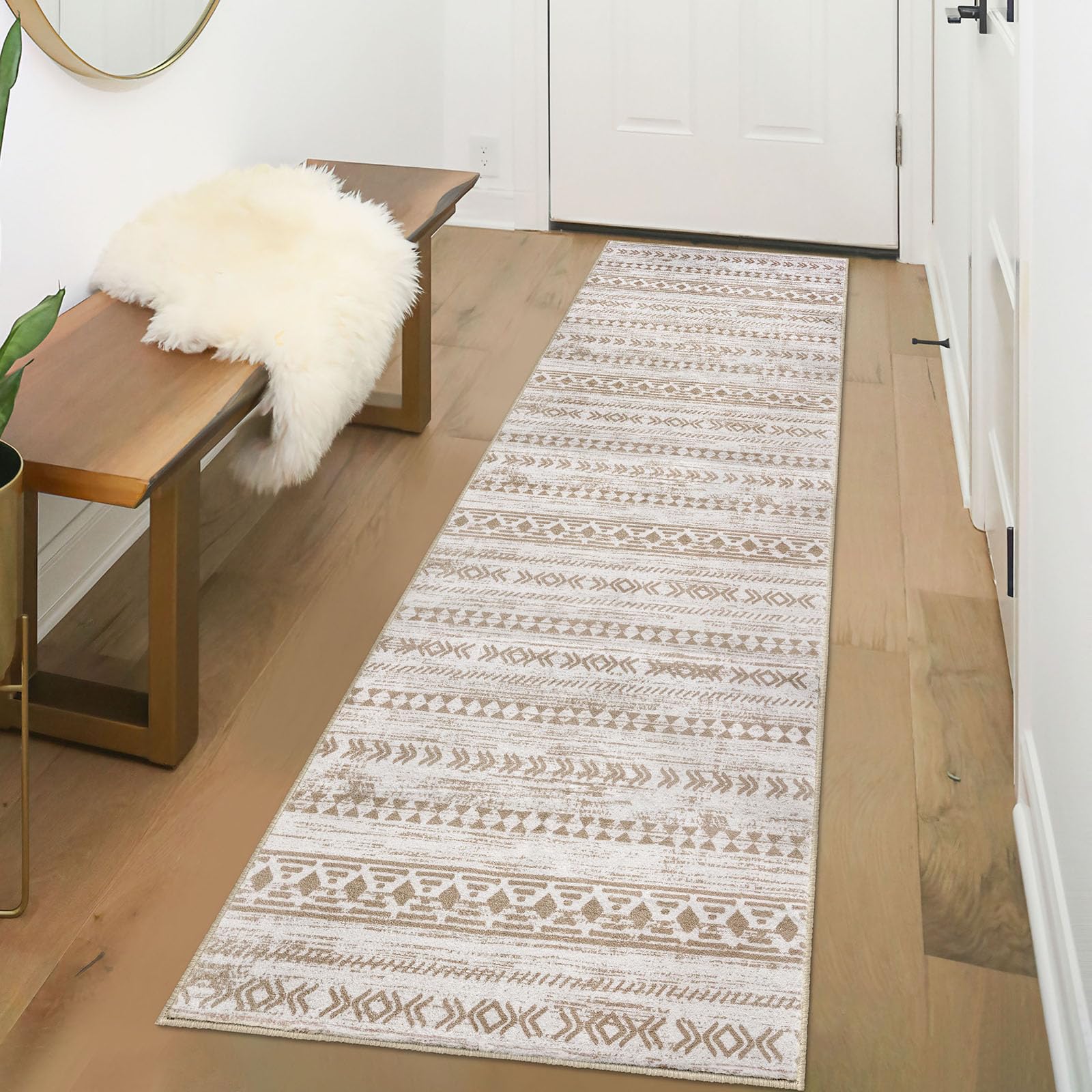 Photo 1 of Alfasoft Moroccan Washable Runner Rug 2x6, Non-Slip Vintage Beige Brown Neutral Boho Runners for Hallways Kitchen Rugs Soft Print Distressed Geometric Floor Carpet Runner for Bedroom Laundry