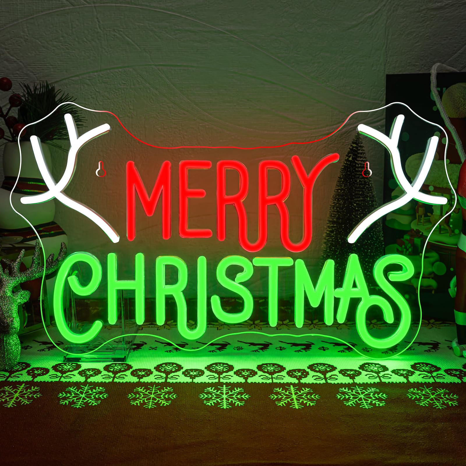 SIGNSHIP Merry Christmas Neon Signs Red&Green Letters Merry Christmas and Antler Neon Light with Switch Novelty Led Lighting for Wall Decor Party Kids Room New Year