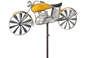 WHW Whole House Worlds Americana Motorcycle Garden Spinner, Vintage Style Stake Decoration, Rustic Yellow with Antiqued Finis