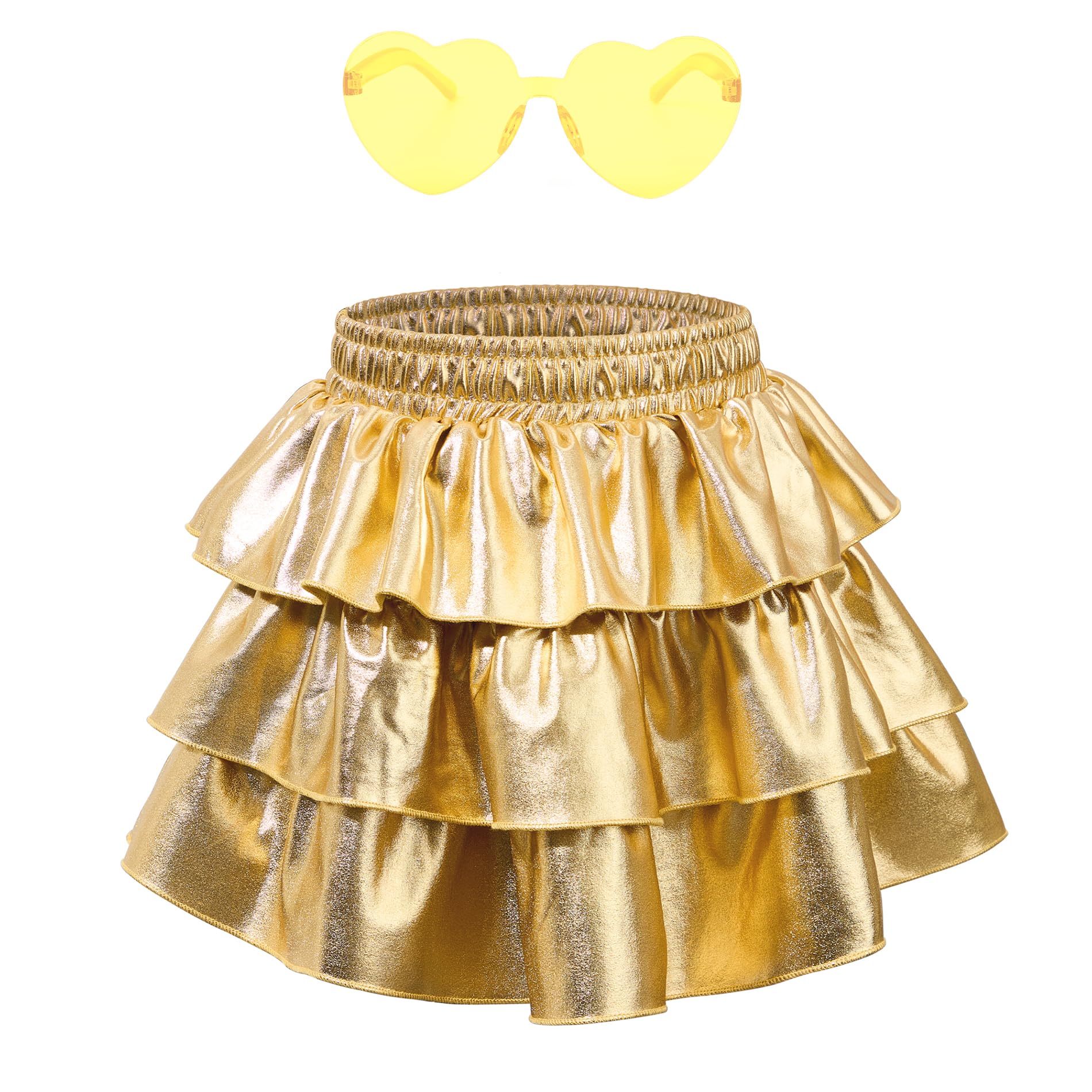 Photo 1 of ***No Glasses***American Trends Gold Metallic Skirt Girls Layers Ruffle Sequine Mini Skirt Sparkly Skirts with Sunglasses for Kids 14-15Years