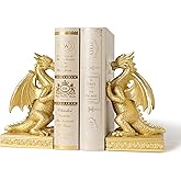 BOIHEGU Dragon Statue Decorative Bookends for Shelves, Regal Gold Dragon Statue Home Office Decoration, Fantasy Dragon Figurine Enthusiasts Gifts