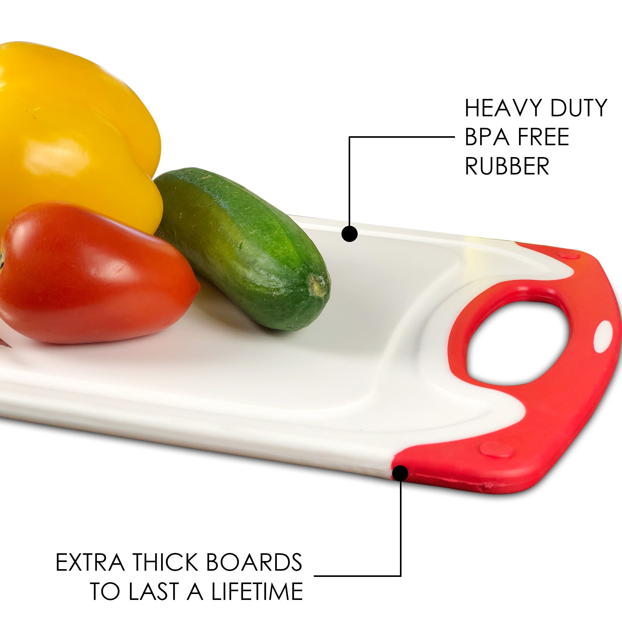 Raj Non-Slip Antibacterial Plastic Cutting Board, Deep Juice Groove, Dishwasher Safe, BPA Free, FDA Approved White and green (1 Piece Large, White board with Red Ends)