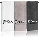 Tiamon 3 Pcs Bathroom Towels Set Decorative 100% Cotton Fluffy Hand Towel for Guest Gifts Farmhouse Accessories Home Washroom Bathroom Decor(Black, White, Gray,Relax Renew Refresh)