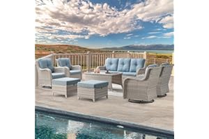 Belord Wicker Patio Furniture Sets - 8 Piece Outdoor Rattan Furniture Conversation Sets with 4 Swivel Rocker Chairs, Rattan Sofa, Wicker Ottomans and Coffee Table, Light Grey/Baby Blue
