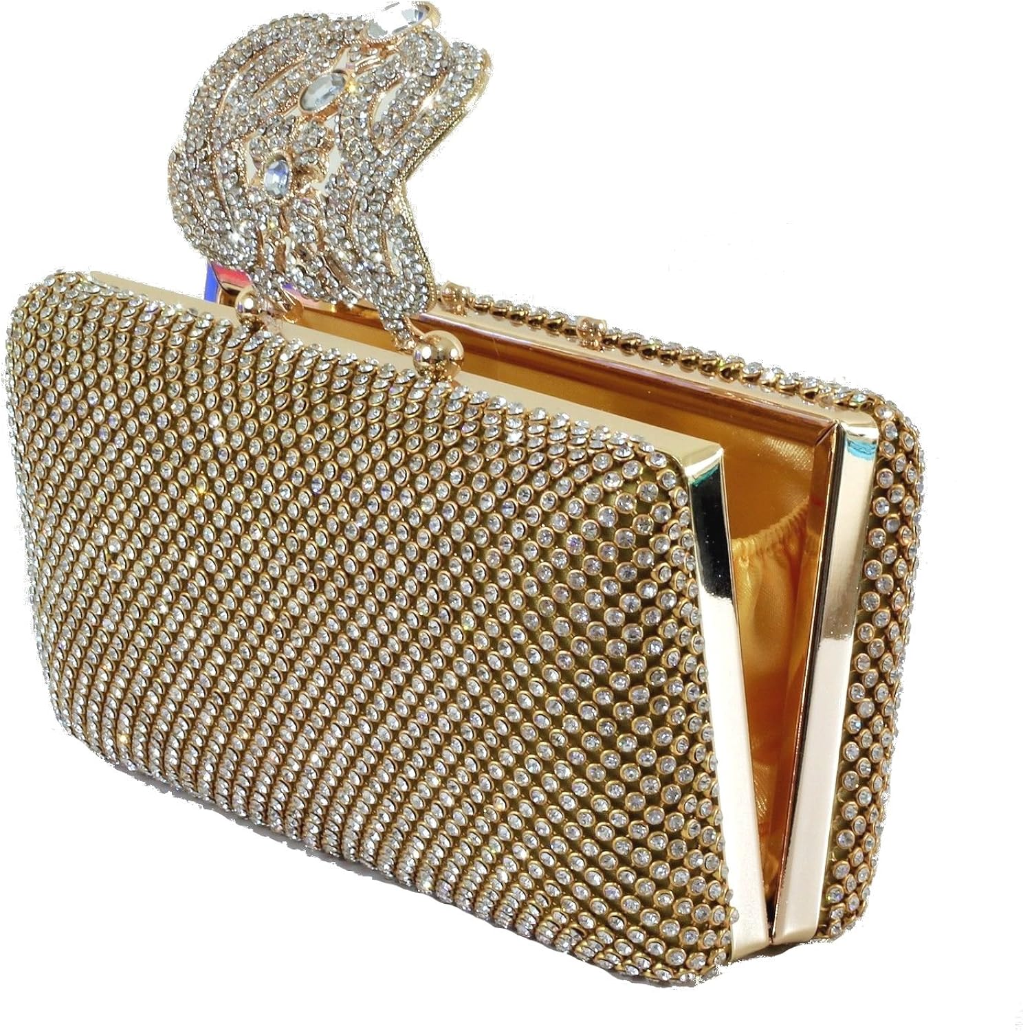 Eleoption Dazzling Crystal Gold Diamante Encrusted Evening Bag Clutch Purse Party Bridal Prom, XS - Image 5