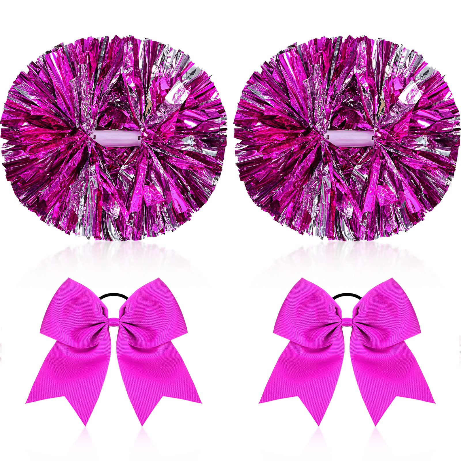 Photo 1 of Canlierr 4 Pcs Cheerleading Pom Poms with Baton Handle and Cheerleader Hair Bows, 14 Inch Metallic Cheer Supplies for School Team Spirit Sports Dance Cheering(Rose Red)