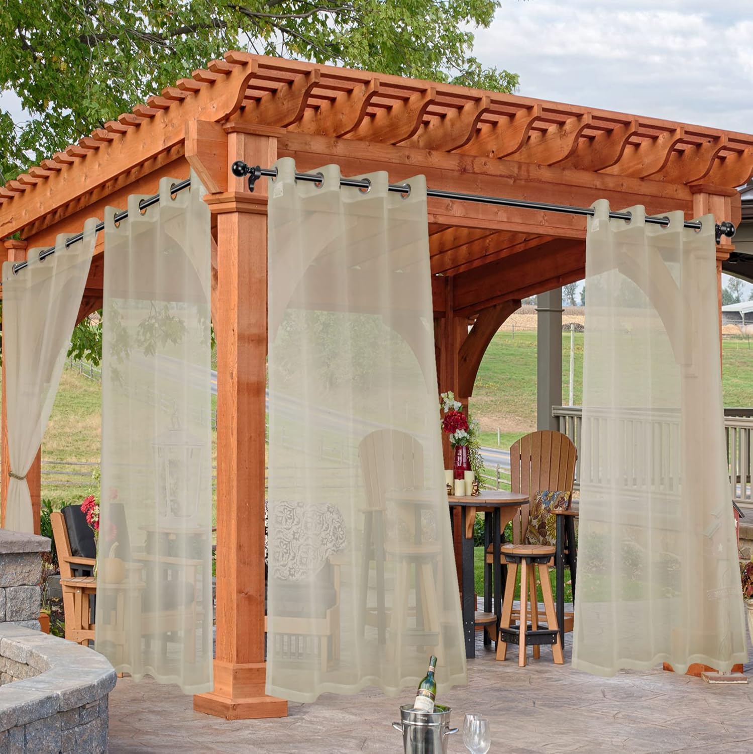 Outdoor Curtains - HolidayIdeas Outdoor Sheer Curtains for Patio Waterproof, 4 Panels - 54 x 95 Inch - Light Filtering Voile Outside Curtains Grommet Drapes for Front Porch, Gazebo, Pergola, Backyard, Linen Color