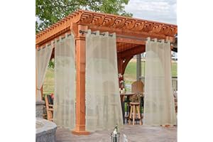 HolidayIdeas Outdoor Sheer Curtains for Patio Waterproof, 4 Panels - 54 x 84 Inch - Light Filtering Voile Outside Curtains Grommet Drapes for Front Porch, Gazebo, Pergola, Backyard, Linen Color