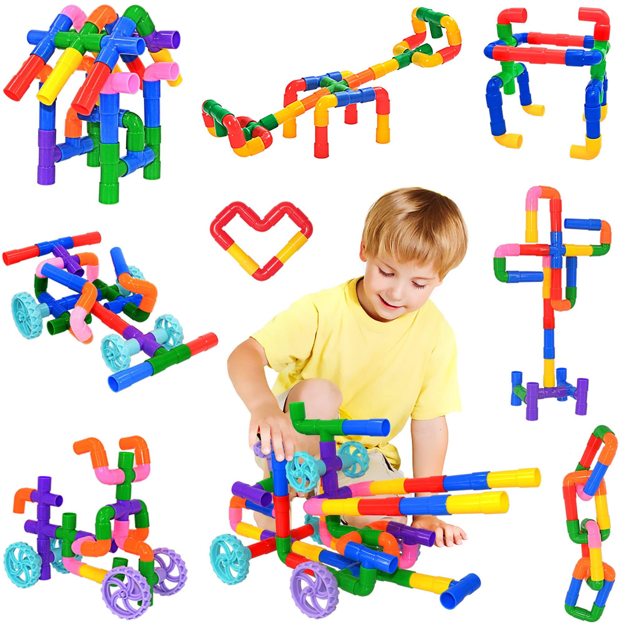 SIENIANLINE STEM Learning Pipe Tube Toy, Tube Locks Construction Building Blocks 96 Pcs - Multicolor Educational Building Blocks Set with Wheels& Spouts & Joints for Kid Ages 3+