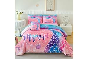 RYNGHIPY Mermaid Kids Girls Comforter Set Full Size Pink Blue Gradient Fish Tail Bed in a Bag - Includes Comforter & Sheet Set for Teens Girls Super Soft Kids Bedding