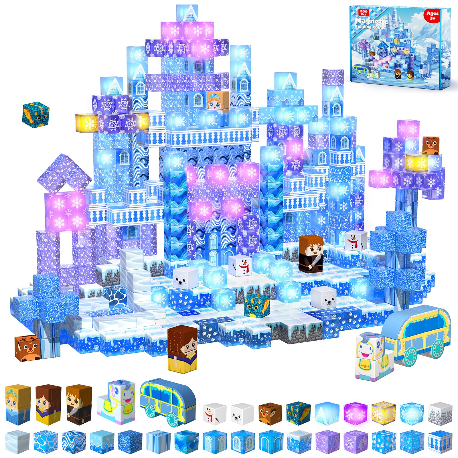 200 PCS Magnetic Blocks with Light Up Blocks - Transparent Magnetic Building Block for Kids Age 3+, Magnet Cubes Blue Castle, Magnets Toys Christmas Birthday Gift for Boys Girls 4 5 6 7 8 9 10 11 12+ Image
