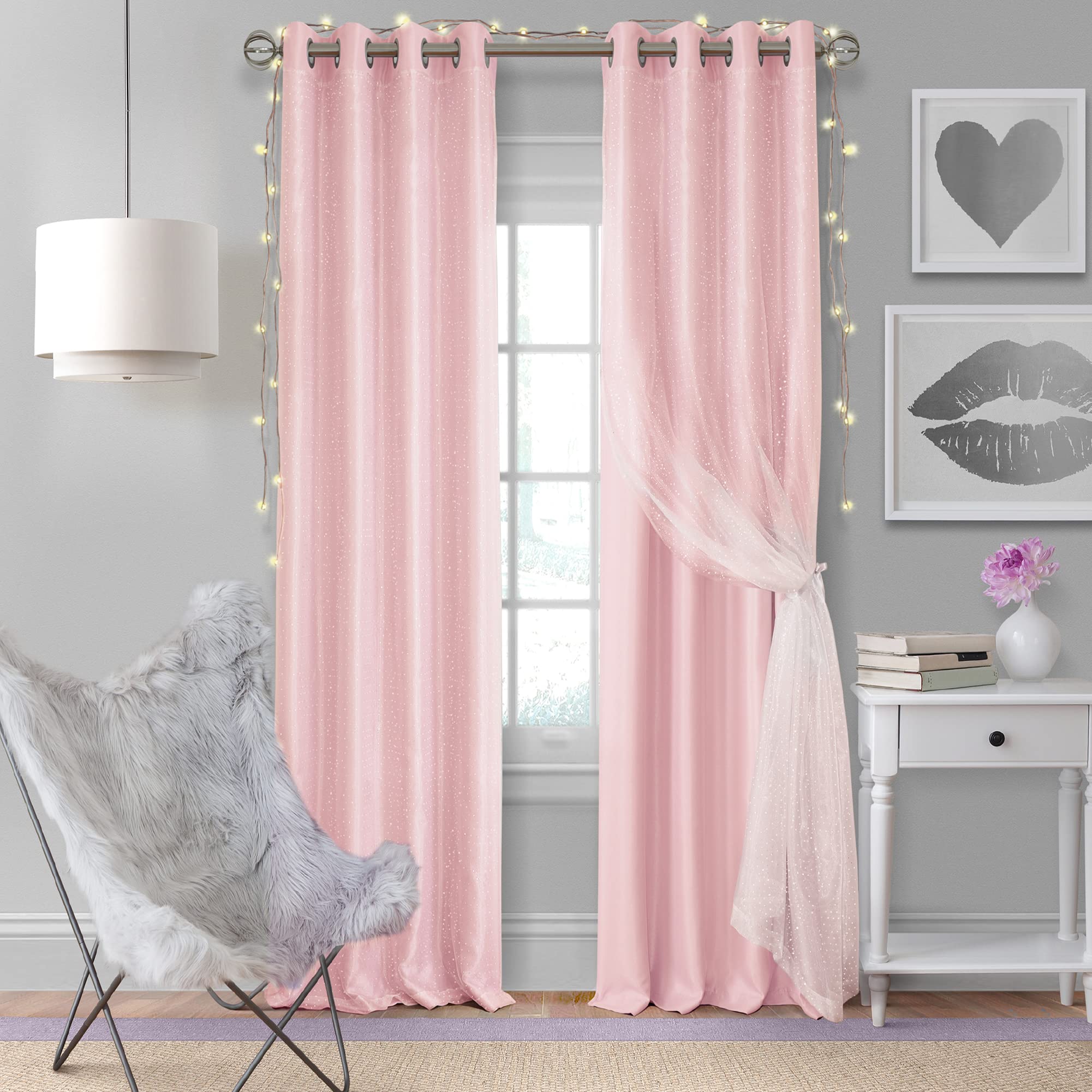 Elrene Home Fashions Aurora Kids’ Sheer Blackout Layered Curtain Panel, (Soft Pink), (52X95), Polyester, 52" W x 95" L (Pack of 1)