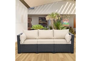 Valita 3-Seat Outdoor Rattan Sofa Patio Couch Black PE Wicker Loveseat Seating Furniture with Washable Khaki Cushions