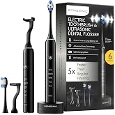 DENSONIC Cordless Electric Flosser &amp; Toothbrush Combo, 6 Settings, Black | Mechanical flossing and brushing, one rechargeable handle, 6 settings, 2 toothbrush heads, 50 floss heads, 2 connecting rods