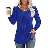 OFEEFAN Long Sleeve Shirts for Women Fall Tops Dressy Casual Blouses Pleated Scooped Neck Tunic Tops for Leggings