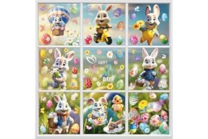 Hianjoo 75 PCS Happy Easter Window Clings, 9 Sheets Easter Egg Bunny Window Clings for Window Decor, Double Sided Easter Decorations with Chick Flower Fox for School Home Office Party Supplies