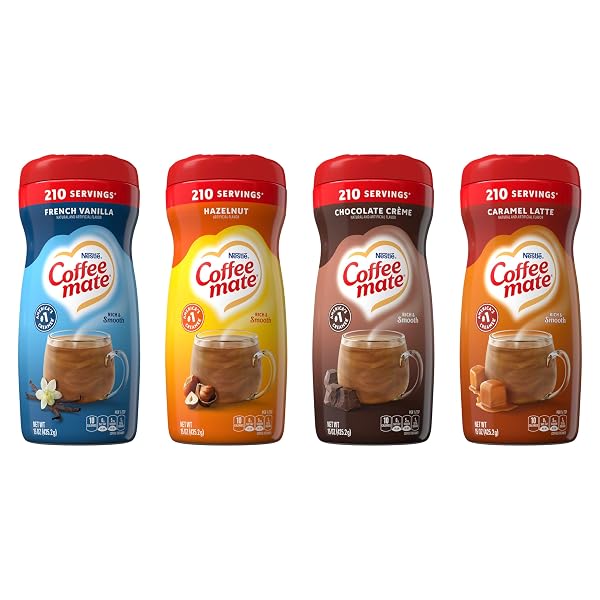 NESTLE COFFEE MATE FLAVORED CREAMER 4 PACK VARIETY PACK (15 OZ BOTTLES) – CHOCOLATE CRÈME, FRENCH VANILLA, HAZELNUT, CARAMEL LATTE