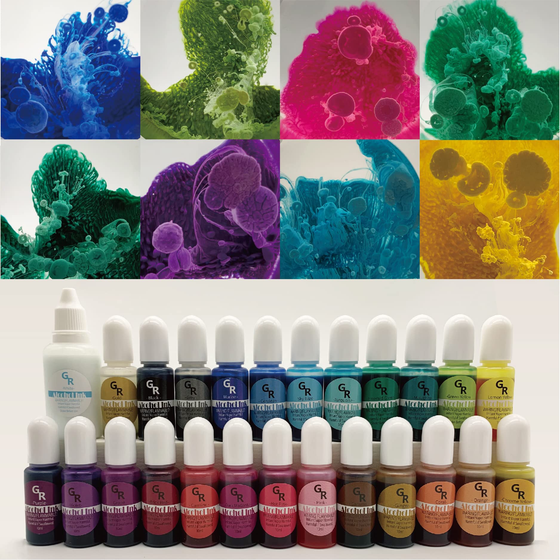 Alcohol ink set -25 colours alcohol ink, 1 ounce white alcohol ink and 0.35 ounces metallic gold alcohol ink for resin art, fluid art, resin craft, resin dye, resin petri dish, Yupo