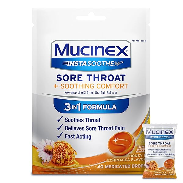 MUCINEX INSTASOOTHE SORE THROAT RELIEF DROPS, SORE THROAT LOZENGES, SORE THROAT MEDICINE WITH HEXYLRESORCINOL, COUGH DROPS ALTERNATIVE, HONEY & ECHINACEA FLAVOR MEDICATED NUMBING THROAT DROPS, 40 CT