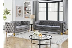 KINFFICT Velvet Living Room Sofa Set of 2, Comfy Loveseat and 3 Seater Couch, Modern Sofa with Tufted Back and Rivet Decoration, Upholstered Long Couch with Solid Golden Metal Tapered Legs, Grey