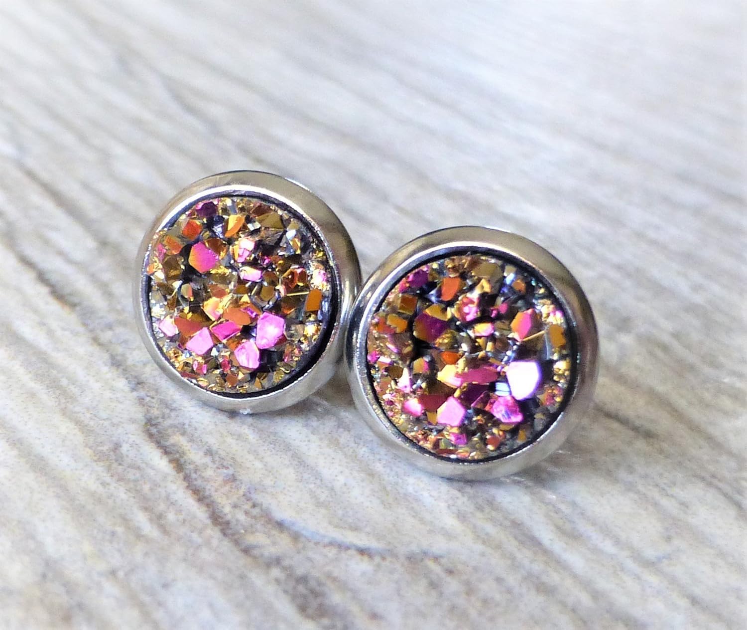 Magenta Gold Tone Druzy Stud Earrings, 10mm Round Faux