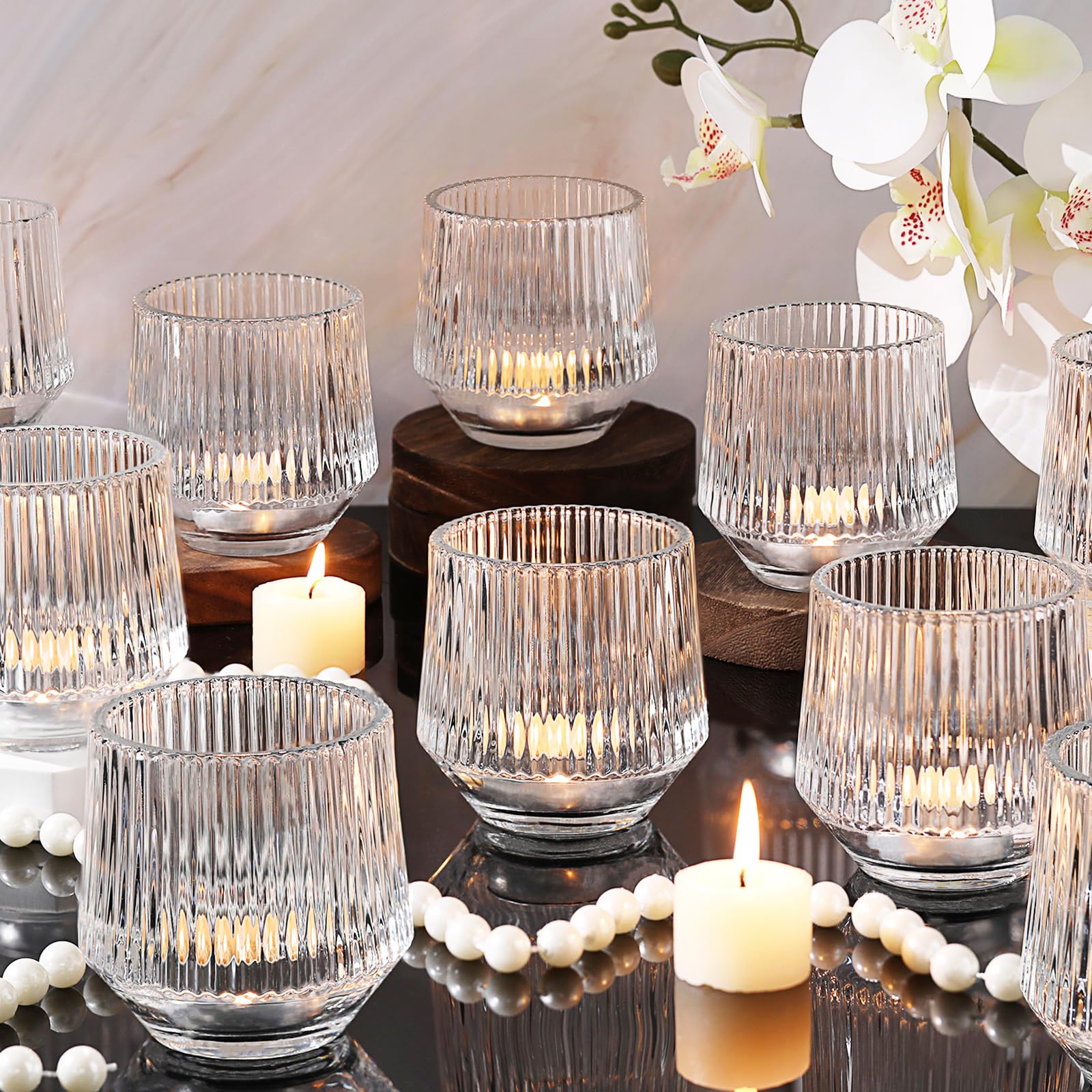 Photo 1 of 12 Pcs Large Glass Votive Candle Holders- 3.15"×3.15" Ribbed Candle Holders for Tealight Candles, Votives, Floatings, Tea Lights Candle Holders for Table Centerpieces, Wedding Table Decor