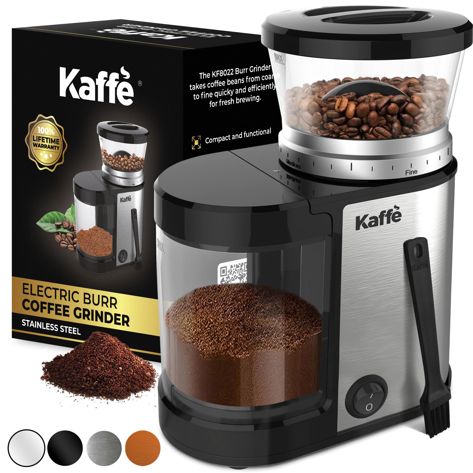 Photo 1 of Kaffe Electric Burr Coffee Grinder (5.5oz) w/Adjustable Precise Coarseness Settings - Flat Burr - [Improved Motor] - Precision Coffee Bean Grinder for Home Use - Stainless Steel