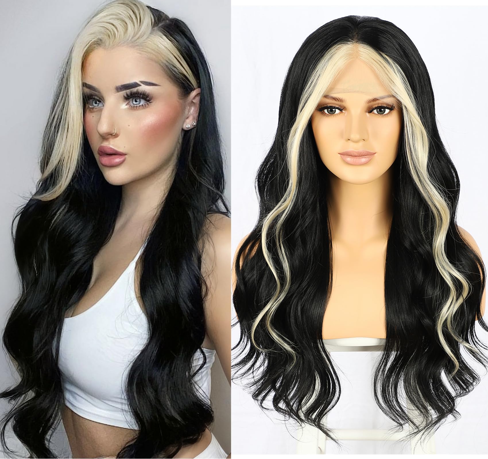 Sapphirewigs Black Lace Front Wig Highlight Synthetic Wigs for Women Wavy Hair 13x3 Cosplay Party Daily Wear Halloween Heat Resistant 24 inch