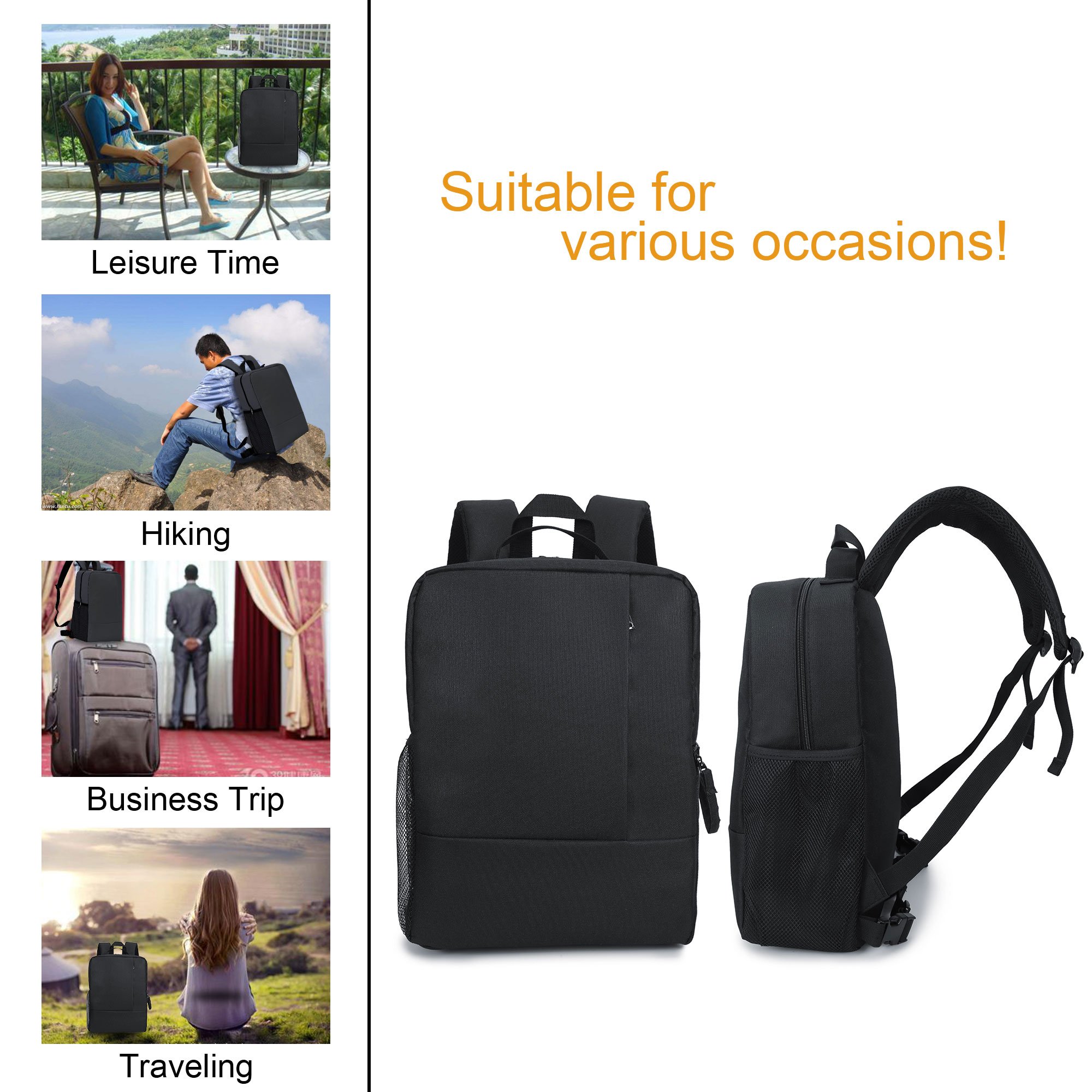 Fashion Camera Backpack Multifunctional Waterproof Anti-Shock SLR/DSLR Camera Bag with Customizable Dividers & USB Charging Port Lightweight Travel Outdoor Laptop Bag - Black