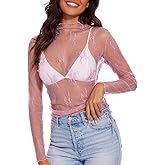 XZQTIVE Womens Mesh Long Sleeve Top See Through Mock Neck Party Club Night Floral Lace Layering Tops Blouse
