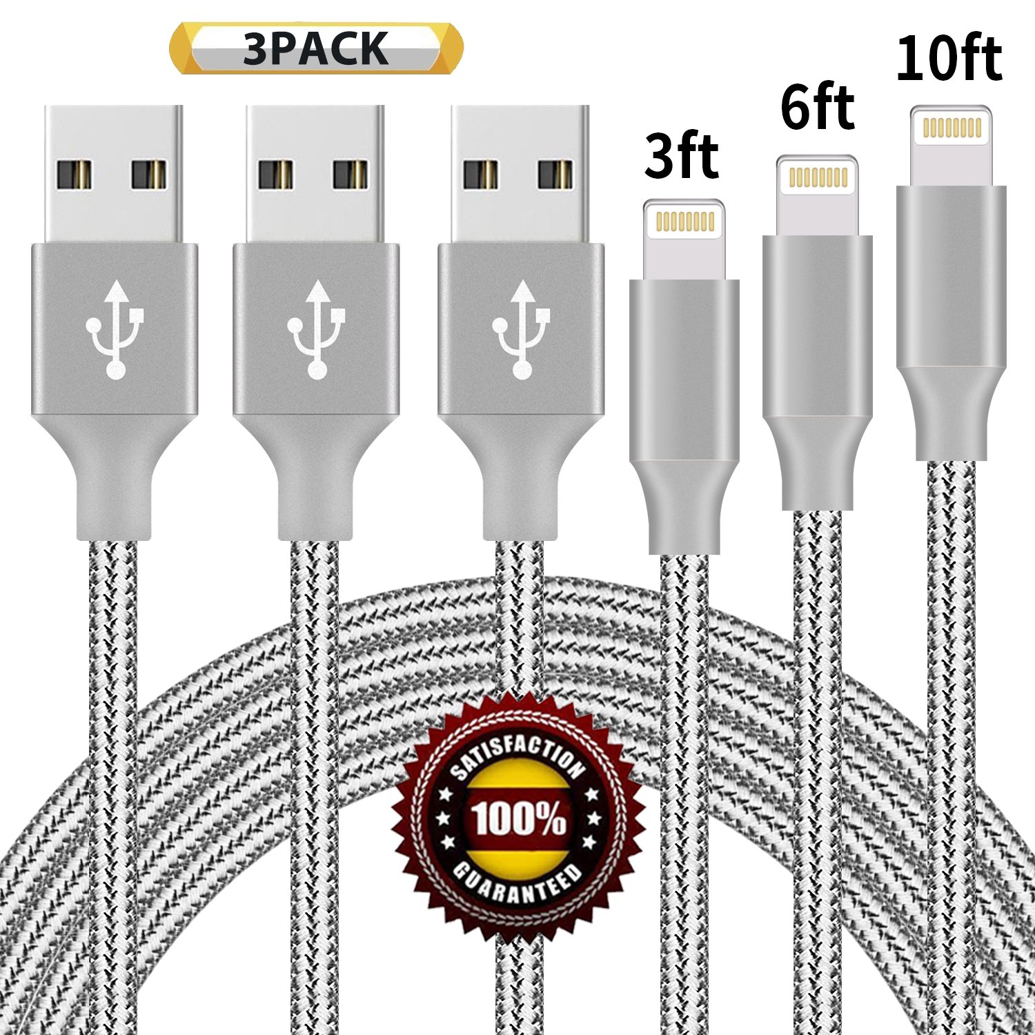 BULESK Phone Cable 3Pack 3FT 6FT 10FT Nylon Braided Phone Charger Cord Compatible with Phone Xs/XS Max/XR/X/Phone 8 8 Plus 7 7 Plus 6s 6s Plus 6 6 Plus Pad Pod Nano - Grey
