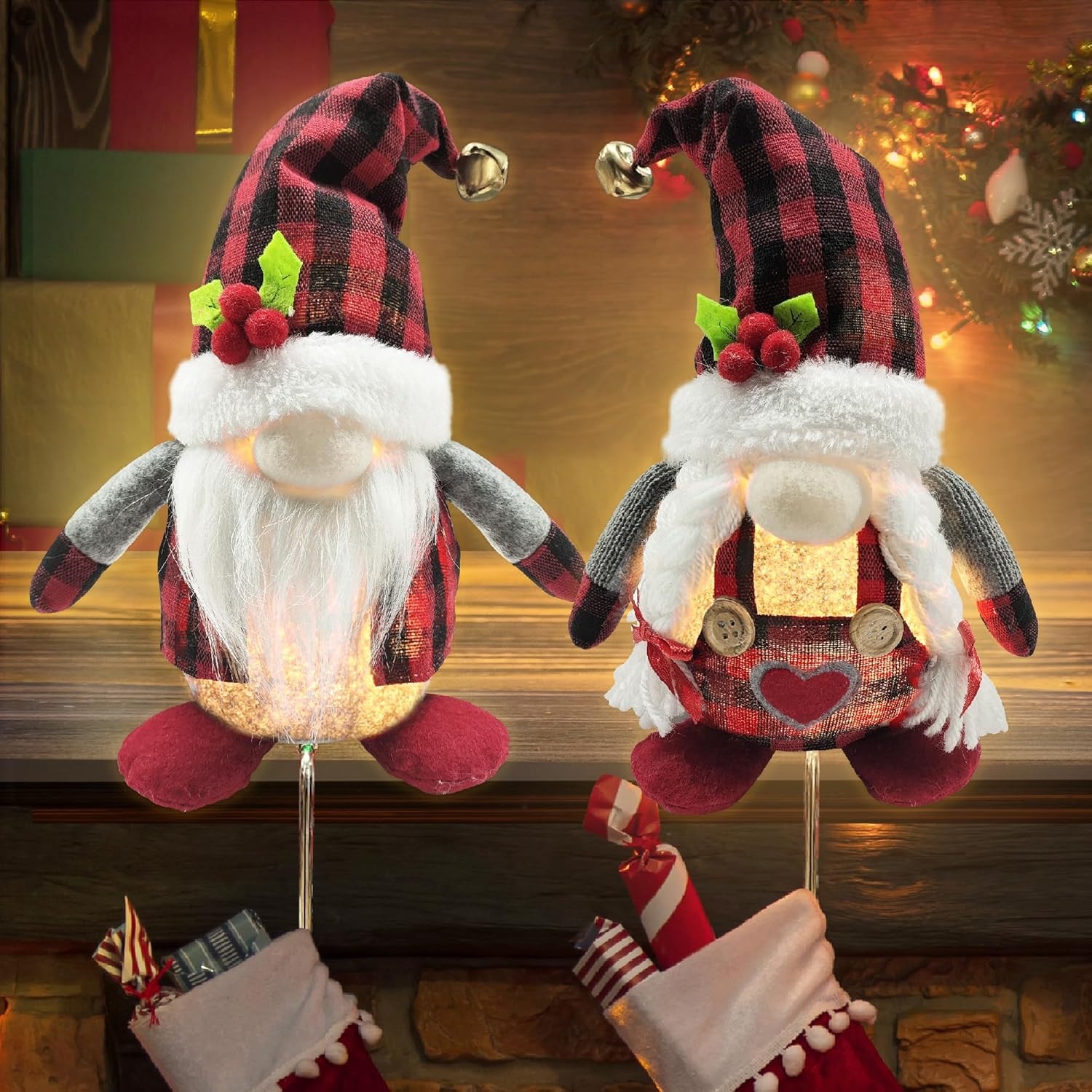 Stockings & Holders - Christmas Stocking Holder LED, Christmas Mantle Decor, Plaid Gnomes with Stocking Holder, 2 Pack Christmas Gnomes Plush Mantle Hanger for Stockings, Xmas Decorations for Home Indoor