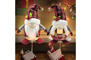 COCOMONG Christmas Stocking Holder LED, Christmas Mantle Decor, Plaid Gnomes with Stocking Holder, 2 Pack Christmas Gnomes Plush Mantle Hanger for Stockings, Xmas Decorations for Home Indoor