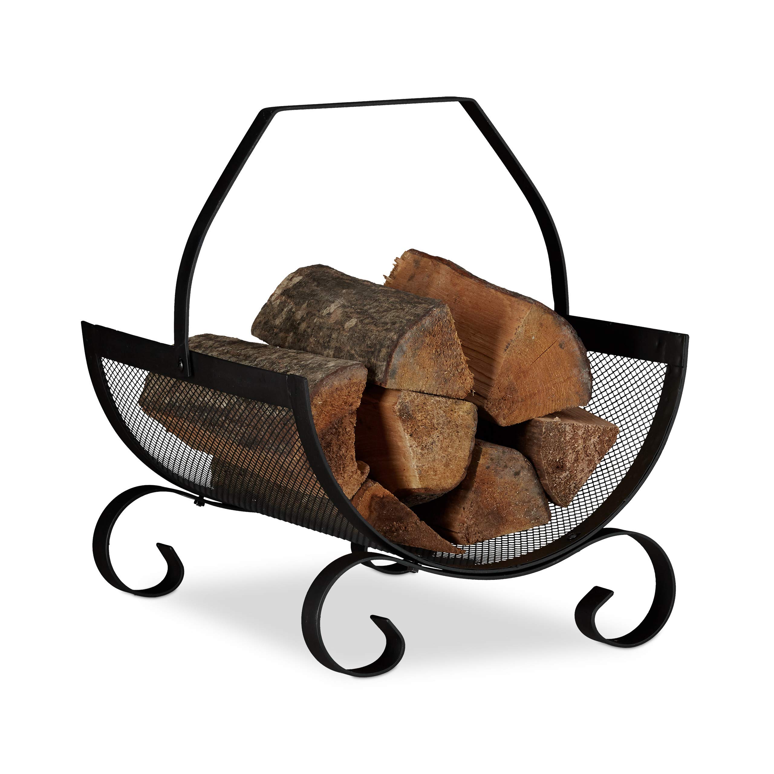 Relaxdays Firewood Basket, Large Fireplace Wood Cradle, Metal Log Holder, H x W x D 40 x 33 x 38 cm, Black
