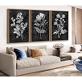 Large Framed Canvas Wall Art - Natural Float Framed Rustic White Flower Leaf Pictures for Living Room Decor Black Canvas Artw