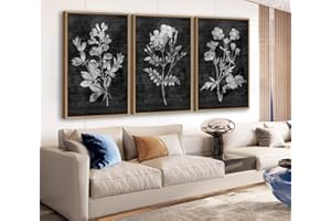 LINGLINGDOG Large Framed Canvas Wall Art - Natural Float Framed Rustic White Flower Leaf Pictures for Living Room Decor Black Canvas Artwork Plants for Bedroom Kitchen Home Office Decoration 72" X 36" Set of 3