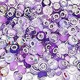 100 Pieces Large Hole Beads, Assorted European Craft Beads Purple Big Hole Fairy Wands Garden Beads Large Hole Lampwork Spacer Beads for DIY Pens Charms Bracelet Necklace Jewelry Making Supplies