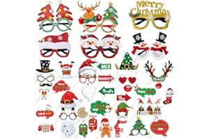 VOIIAKE Christmas Party Decorations Decor, 36 Christmas Photo Booth Props+ 6 Christmas Glitter Glasses Frames, Party Favors Games Supplies for Adults Office, Holiday Selfie Props Santa Reindeer Mustache
