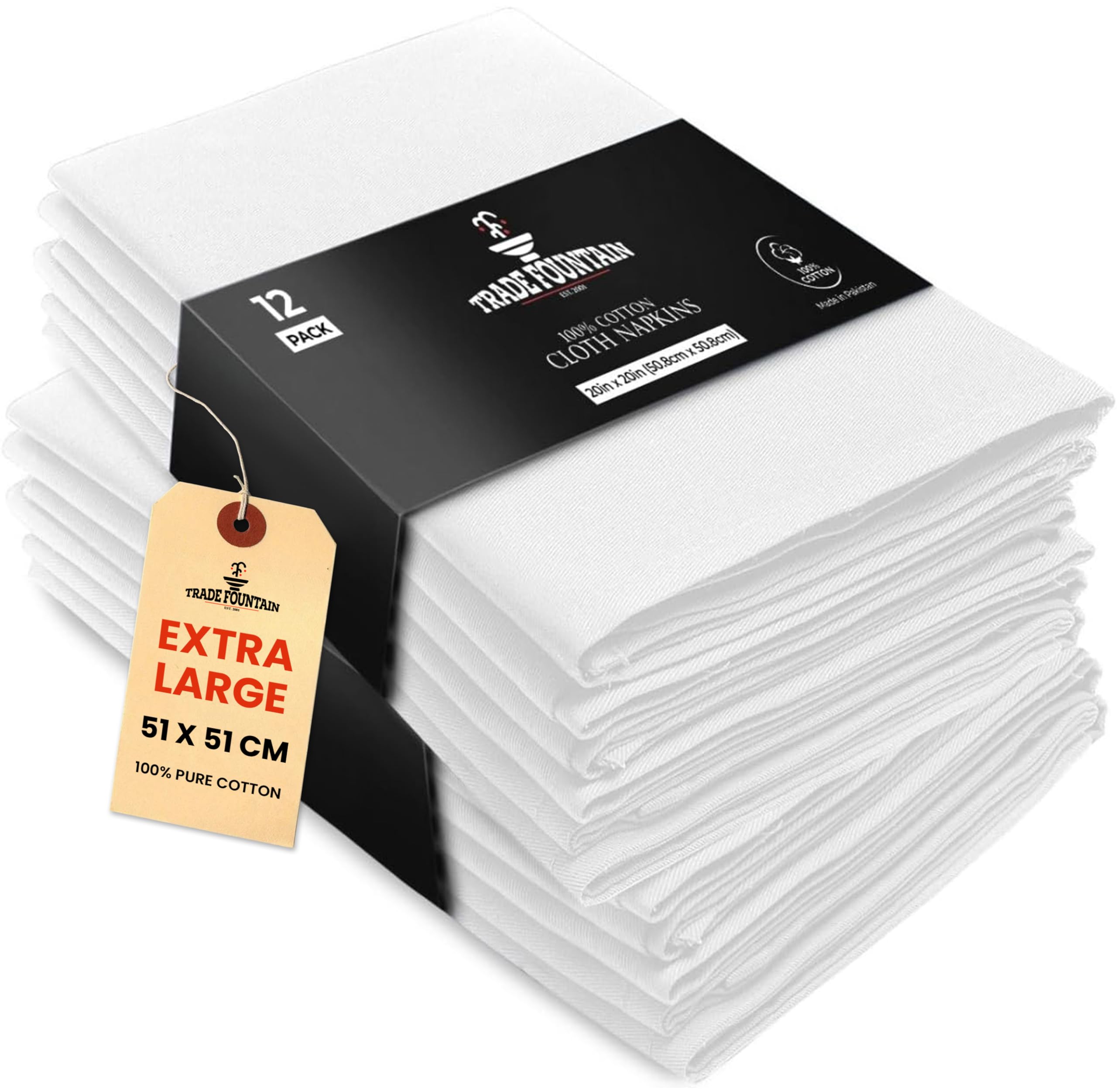 Trade Fountain White Cotton Cloth Napkins [12 Pack] – Extra Large 51 x 51 cm Reusable & Washable Dinner Napkins | Fabric Table Serviettes for Home, Parties, Weddings & Christmas Events