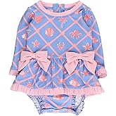 RuffleButts Baby Girls UPF50+ Long Sleeve One Piece Bow Peplum Rash Guard Swimsuit