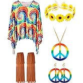 Unittype 5 Pcs 60s 70s Outfits for Women Hippie Costume Accessories Set Tie Dye Poncho Costume for Hippie Cosplay Party