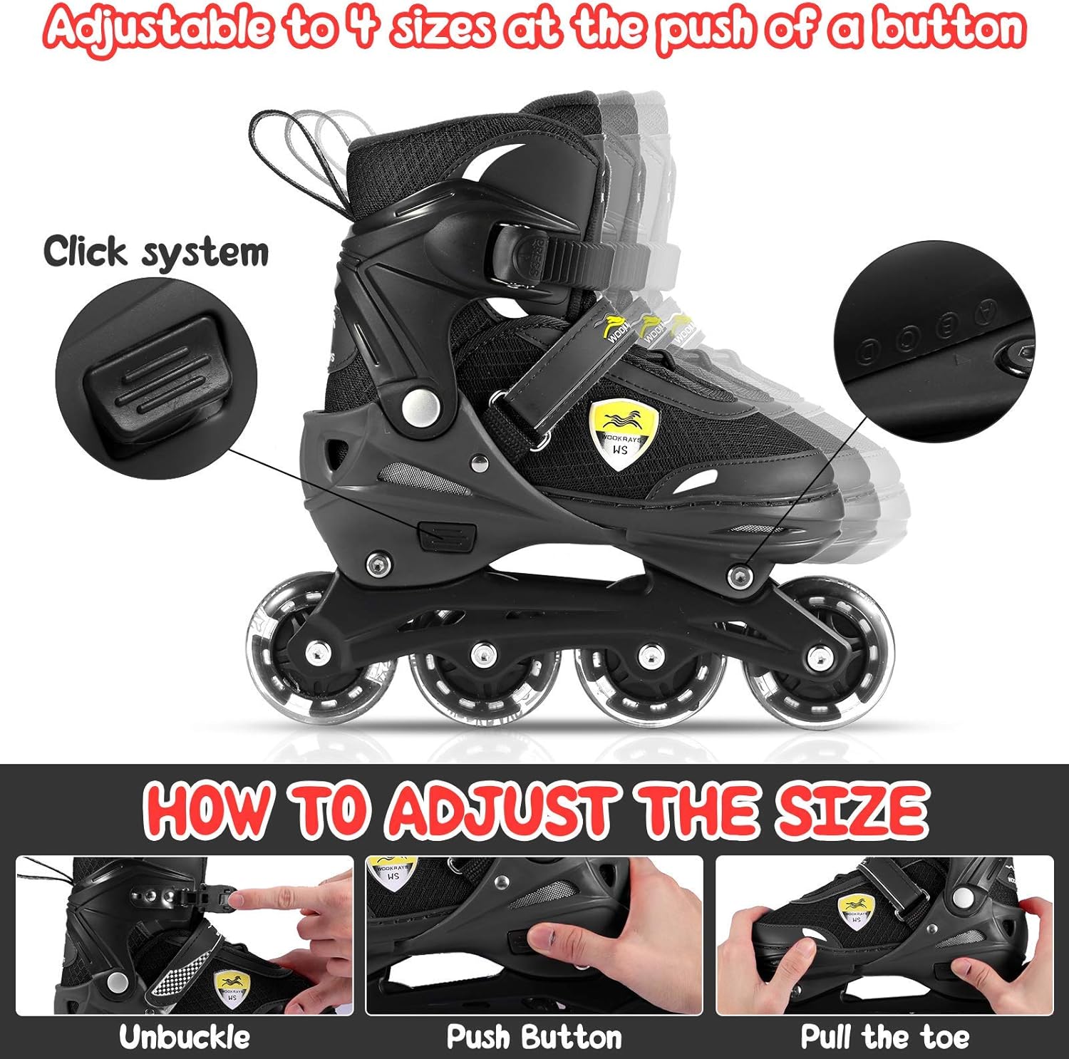 WOOKRAYS Adjustable Kids Inline Skates with Light up Wheels, Fun Flashing Beginner Illuminating Roller Skates for Kids Boys and Girls : Sports & Outdoors