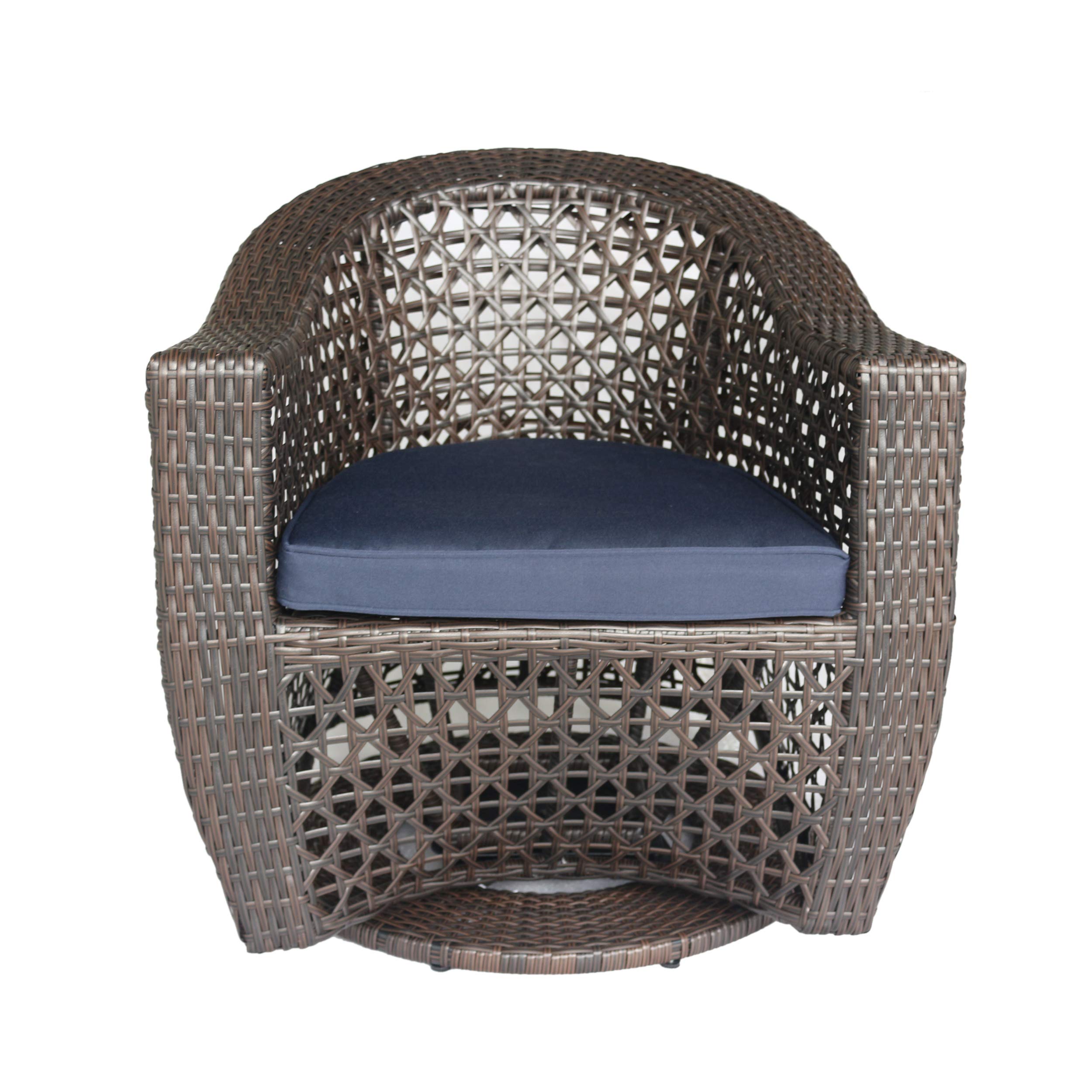 Outdoor Patio MultiBrown Vintage Swivel Wicker Chair with Navy Blue
