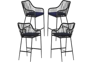 JOIVI Patio Bar Stools Set of 4, 4 Pieces Bar Height Outdoor Bar Chairs with Seat Cushions, Rattan Rope Woven Barstools for Outdoor Porch Balcony and Indoor Kitchen, Navy Blue