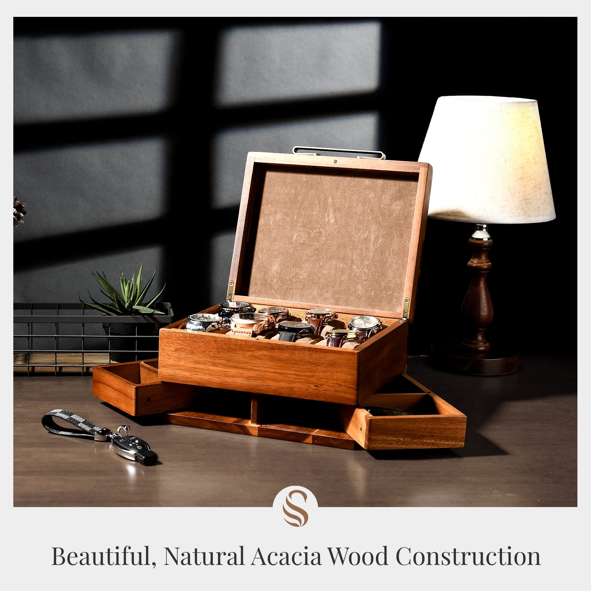 Shanik Shanik Luxury Large Watch Box for Men – 8 Slot Organizer with Velvet Pillows, Pull-Out Drawers for Accessories, Jewelry & Oversized Timepieces