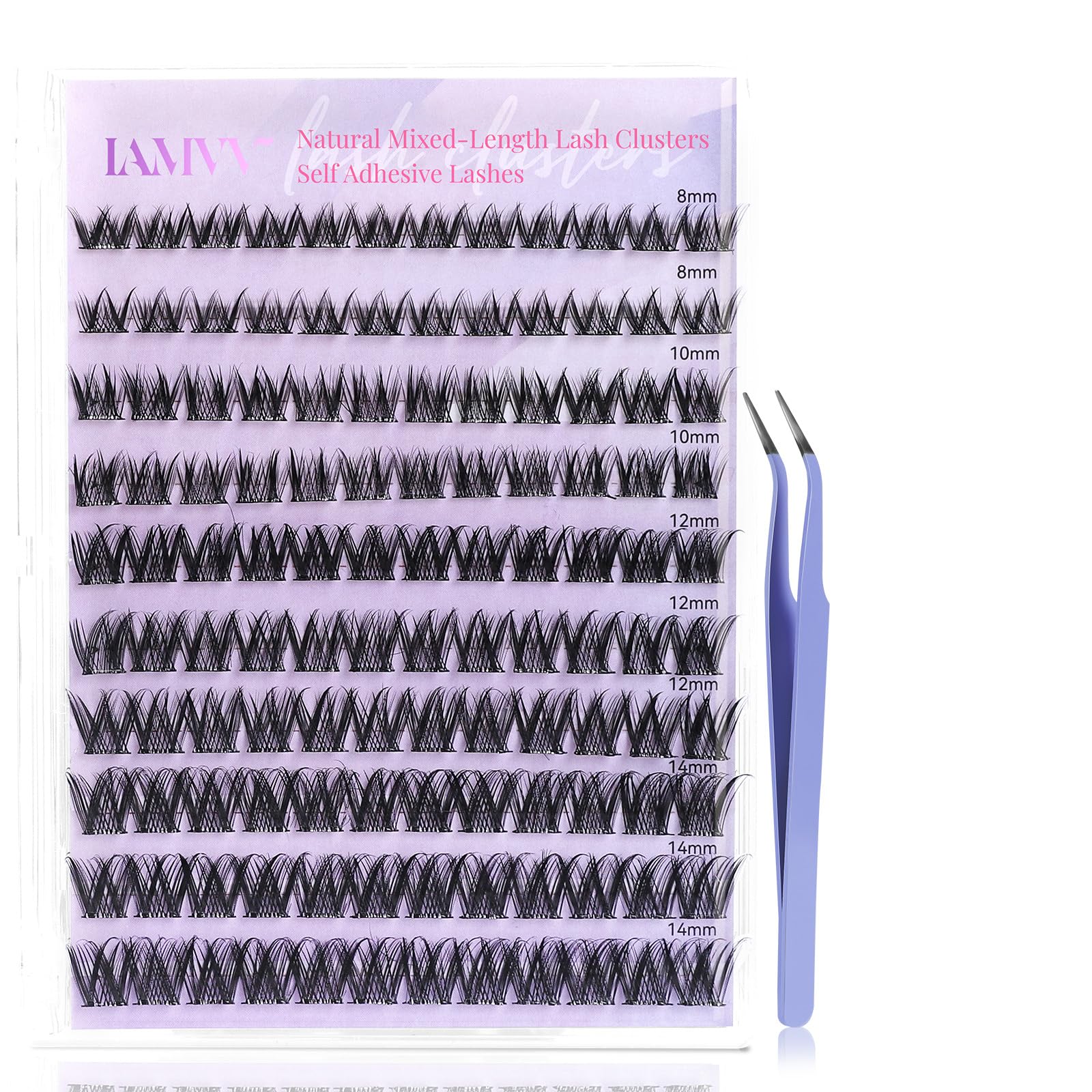 Lash Clusters, Cluster Eyelash Extensions - Self Adhesive Eyelashes, C Curl 8-14mm, Wispy & Natural Look Eyelash Clusters, Includes Lash Tweezers for Glue-Free DIY at Home